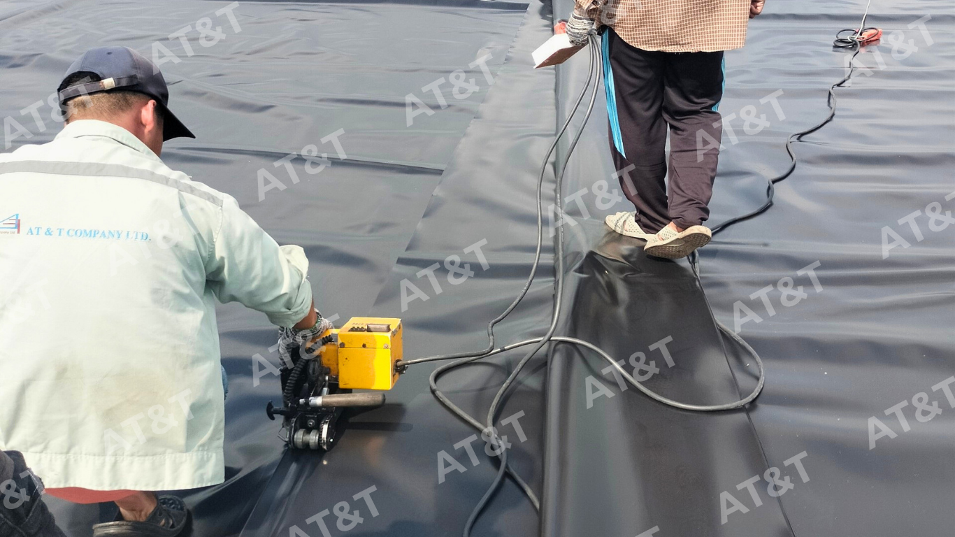 Công nhân đang tiến hành hàn kép bạt HDPE tại công trình