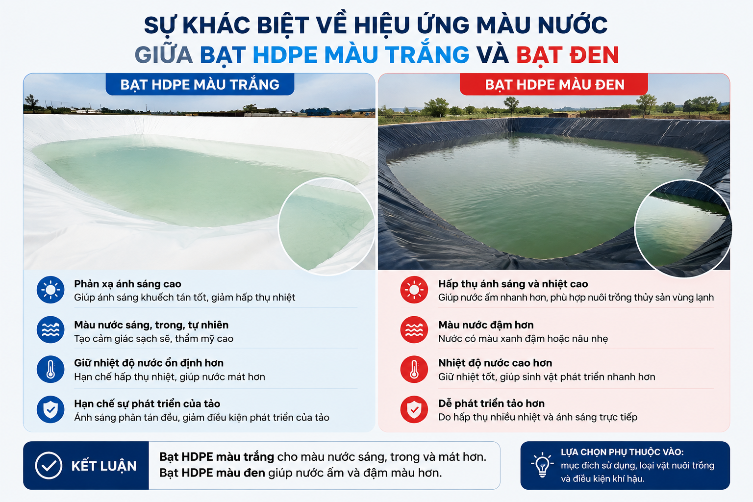 Sự khác biệt về hiệu ứng màu nước giữa bạt HDPE màu trắng và bạt đen